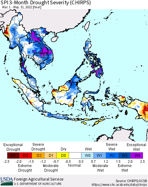 South East Asia SPI 3-Month Drought Severity (CHIRPS) Thematic Map For 3/1/2022 - 5/31/2022