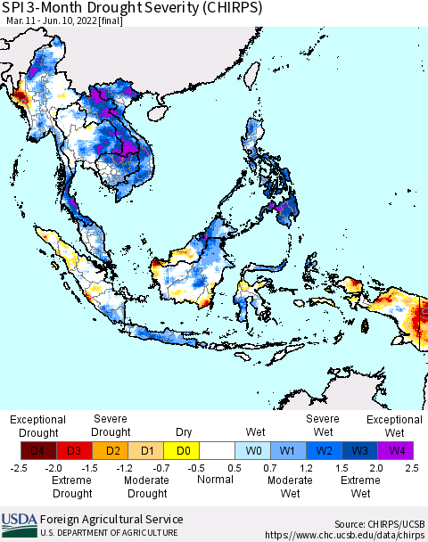 South East Asia SPI 3-Month Drought Severity (CHIRPS) Thematic Map For 3/11/2022 - 6/10/2022