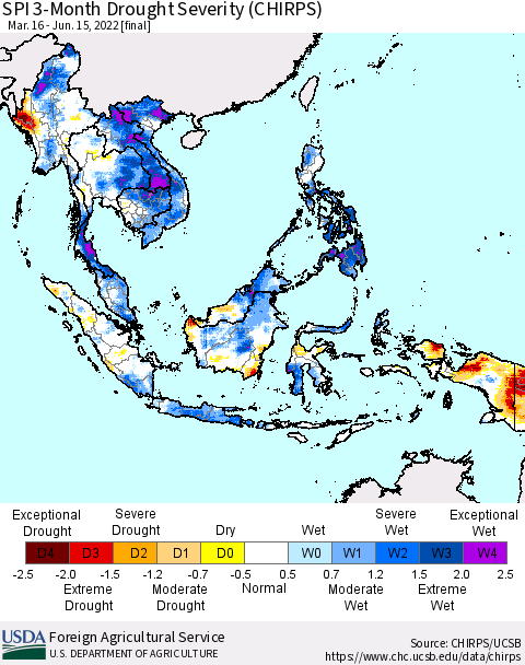 South East Asia SPI 3-Month Drought Severity (CHIRPS) Thematic Map For 3/16/2022 - 6/15/2022