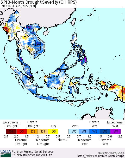 South East Asia SPI 3-Month Drought Severity (CHIRPS) Thematic Map For 3/26/2022 - 6/25/2022