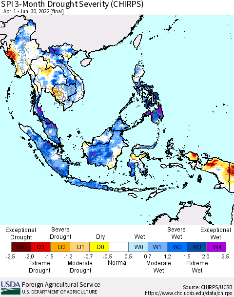 South East Asia SPI 3-Month Drought Severity (CHIRPS) Thematic Map For 4/1/2022 - 6/30/2022