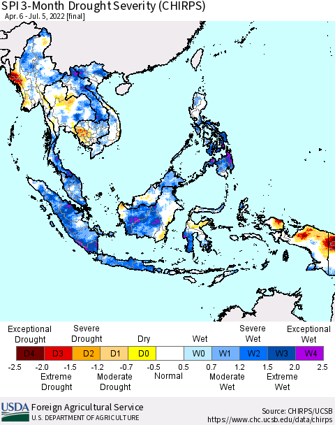 South East Asia SPI 3-Month Drought Severity (CHIRPS) Thematic Map For 4/6/2022 - 7/5/2022