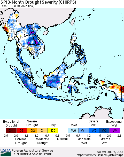 South East Asia SPI 3-Month Drought Severity (CHIRPS) Thematic Map For 4/11/2022 - 7/10/2022