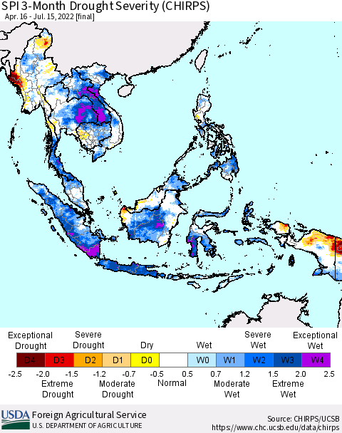 South East Asia SPI 3-Month Drought Severity (CHIRPS) Thematic Map For 4/16/2022 - 7/15/2022