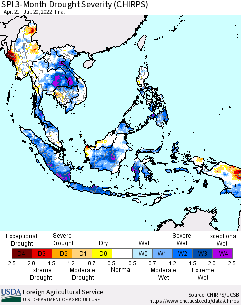 South East Asia SPI 3-Month Drought Severity (CHIRPS) Thematic Map For 4/21/2022 - 7/20/2022