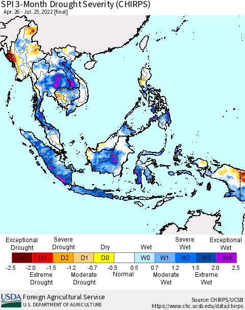 South East Asia SPI 3-Month Drought Severity (CHIRPS) Thematic Map For 4/26/2022 - 7/25/2022
