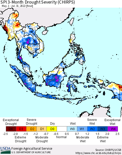 South East Asia SPI 3-Month Drought Severity (CHIRPS) Thematic Map For 5/1/2022 - 7/31/2022