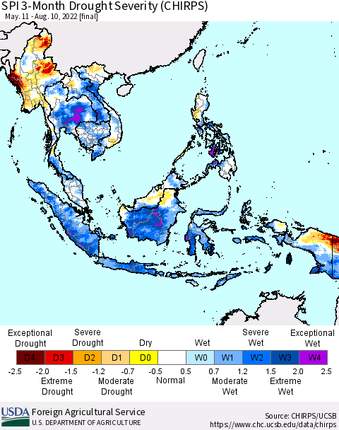 South East Asia SPI 3-Month Drought Severity (CHIRPS) Thematic Map For 5/11/2022 - 8/10/2022