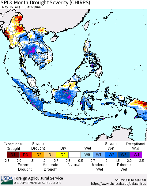 South East Asia SPI 3-Month Drought Severity (CHIRPS) Thematic Map For 5/16/2022 - 8/15/2022