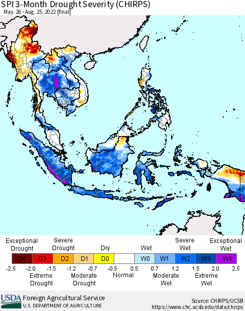 South East Asia SPI 3-Month Drought Severity (CHIRPS) Thematic Map For 5/26/2022 - 8/25/2022