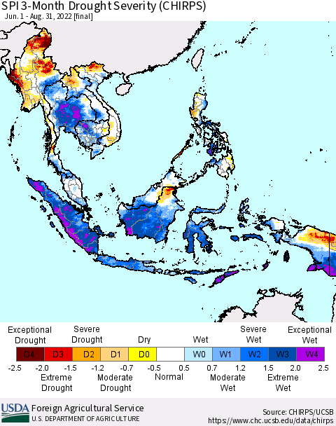 South East Asia SPI 3-Month Drought Severity (CHIRPS) Thematic Map For 6/1/2022 - 8/31/2022