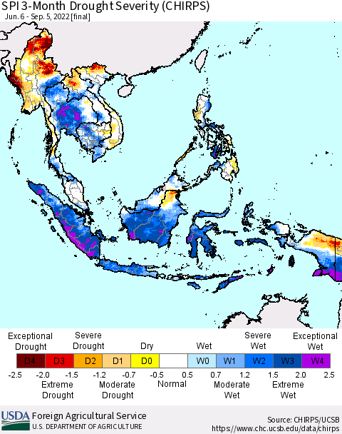 South East Asia SPI 3-Month Drought Severity (CHIRPS) Thematic Map For 6/6/2022 - 9/5/2022