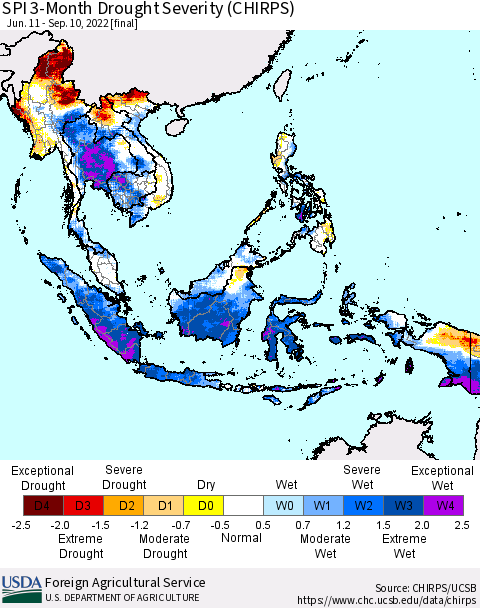 South East Asia SPI 3-Month Drought Severity (CHIRPS) Thematic Map For 6/11/2022 - 9/10/2022