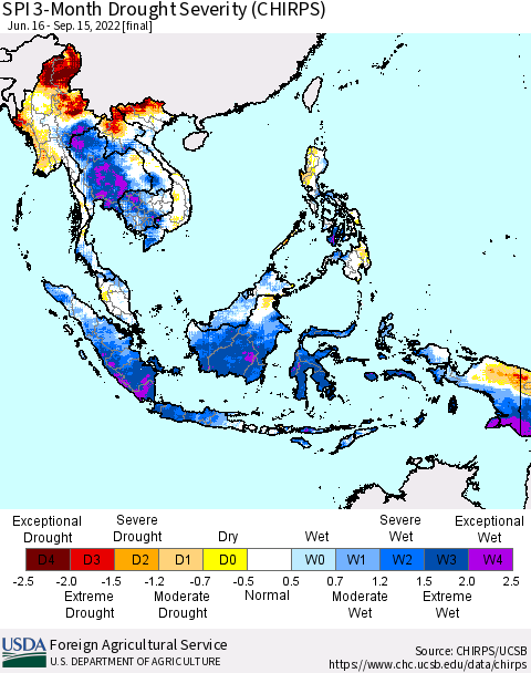 South East Asia SPI 3-Month Drought Severity (CHIRPS) Thematic Map For 6/16/2022 - 9/15/2022