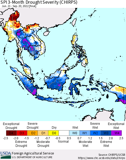 South East Asia SPI 3-Month Drought Severity (CHIRPS) Thematic Map For 6/21/2022 - 9/20/2022