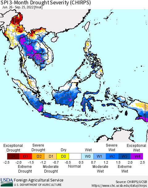 South East Asia SPI 3-Month Drought Severity (CHIRPS) Thematic Map For 6/26/2022 - 9/25/2022