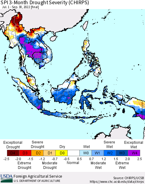 South East Asia SPI 3-Month Drought Severity (CHIRPS) Thematic Map For 7/1/2022 - 9/30/2022