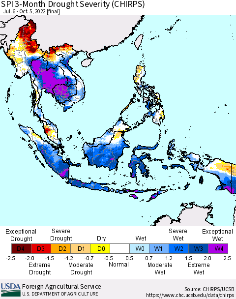 South East Asia SPI 3-Month Drought Severity (CHIRPS) Thematic Map For 7/6/2022 - 10/5/2022