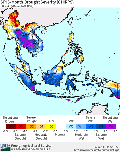 South East Asia SPI 3-Month Drought Severity (CHIRPS) Thematic Map For 7/11/2022 - 10/10/2022