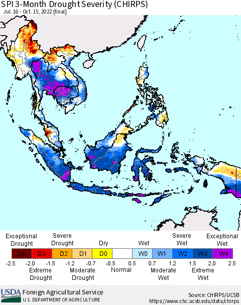 South East Asia SPI 3-Month Drought Severity (CHIRPS) Thematic Map For 7/16/2022 - 10/15/2022