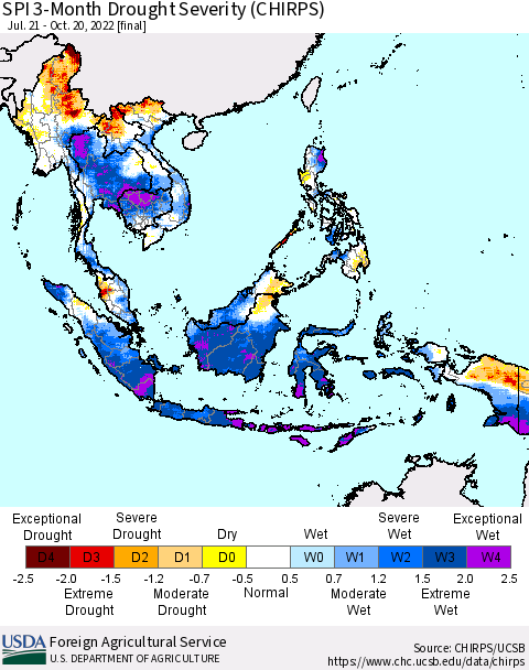 South East Asia SPI 3-Month Drought Severity (CHIRPS) Thematic Map For 7/21/2022 - 10/20/2022