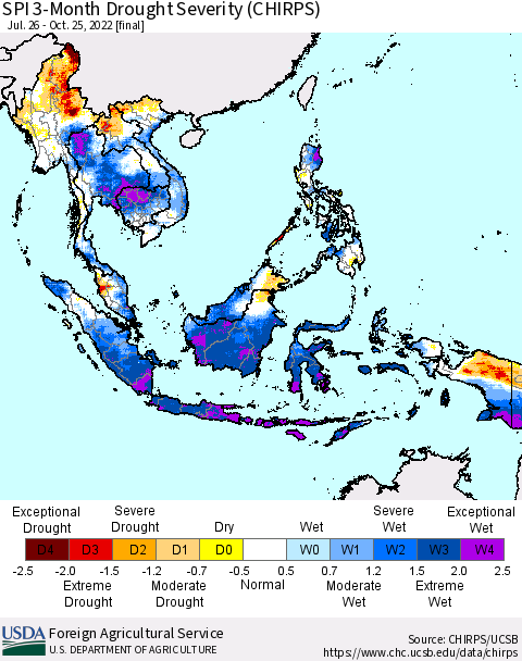 South East Asia SPI 3-Month Drought Severity (CHIRPS) Thematic Map For 7/26/2022 - 10/25/2022