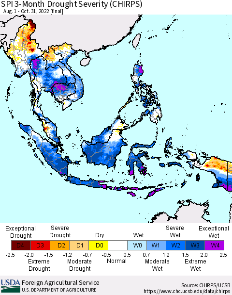 South East Asia SPI 3-Month Drought Severity (CHIRPS) Thematic Map For 8/1/2022 - 10/31/2022
