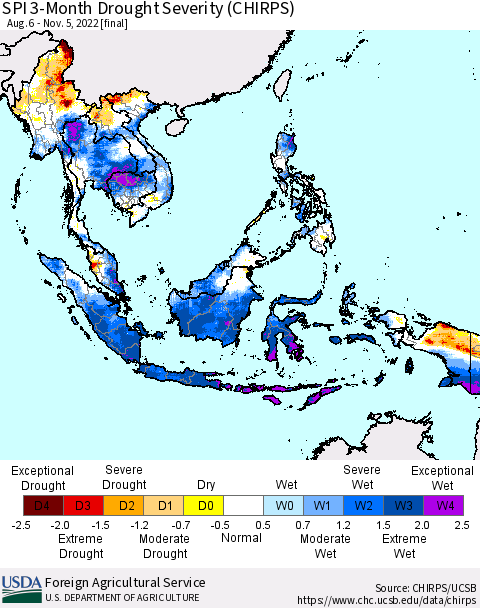 South East Asia SPI 3-Month Drought Severity (CHIRPS) Thematic Map For 8/6/2022 - 11/5/2022