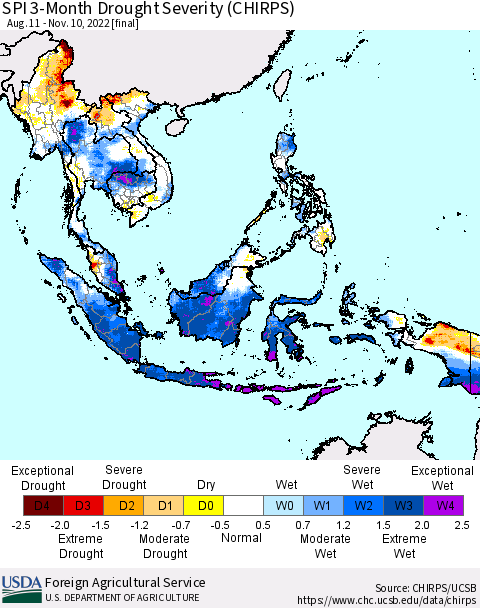 South East Asia SPI 3-Month Drought Severity (CHIRPS) Thematic Map For 8/11/2022 - 11/10/2022