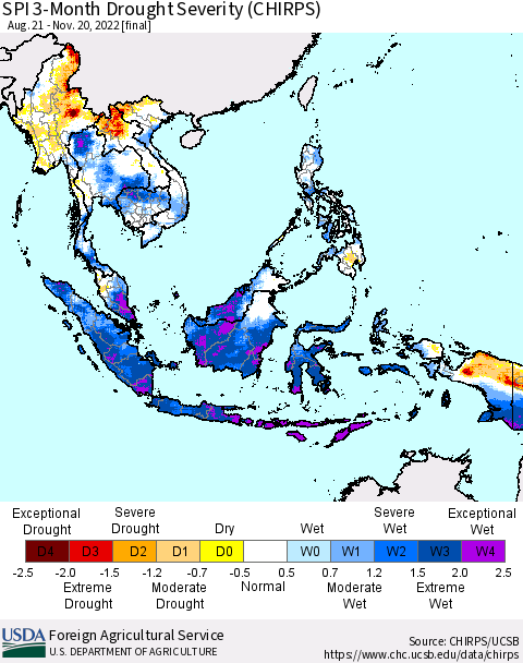 South East Asia SPI 3-Month Drought Severity (CHIRPS) Thematic Map For 8/21/2022 - 11/20/2022