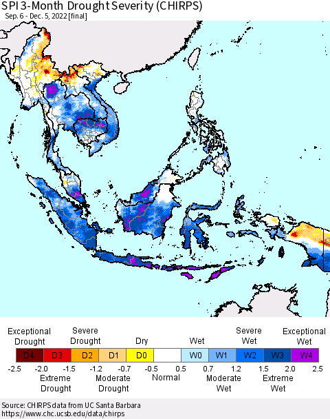 South East Asia SPI 3-Month Drought Severity (CHIRPS) Thematic Map For 9/6/2022 - 12/5/2022