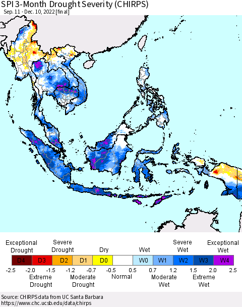 South East Asia SPI 3-Month Drought Severity (CHIRPS) Thematic Map For 9/11/2022 - 12/10/2022