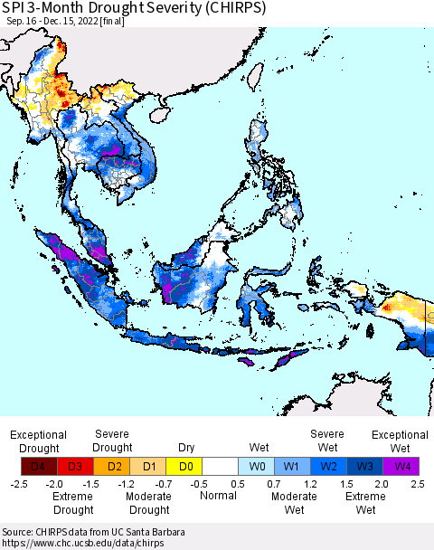 South East Asia SPI 3-Month Drought Severity (CHIRPS) Thematic Map For 9/16/2022 - 12/15/2022