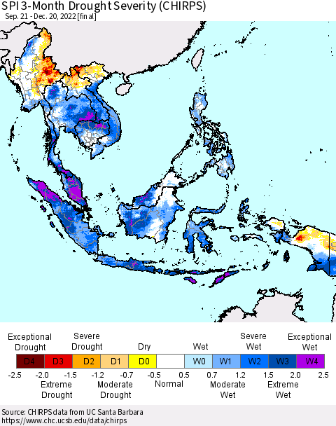 South East Asia SPI 3-Month Drought Severity (CHIRPS) Thematic Map For 9/21/2022 - 12/20/2022