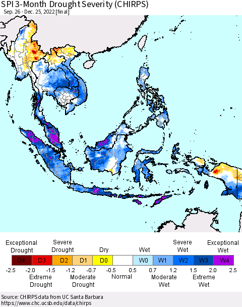South East Asia SPI 3-Month Drought Severity (CHIRPS) Thematic Map For 9/26/2022 - 12/25/2022