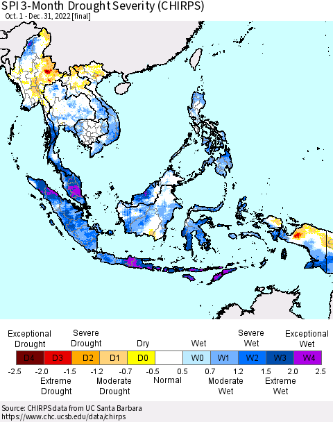 South East Asia SPI 3-Month Drought Severity (CHIRPS) Thematic Map For 10/1/2022 - 12/31/2022
