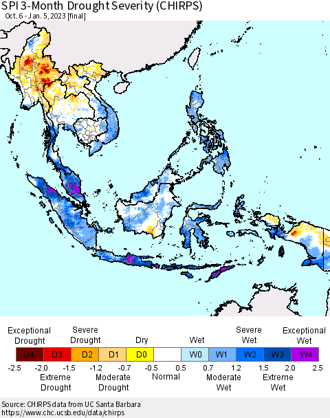 South East Asia SPI 3-Month Drought Severity (CHIRPS) Thematic Map For 10/6/2022 - 1/5/2023