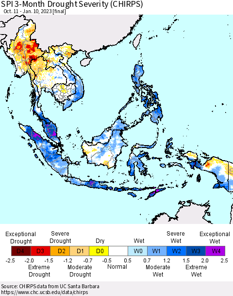 South East Asia SPI 3-Month Drought Severity (CHIRPS) Thematic Map For 10/11/2022 - 1/10/2023