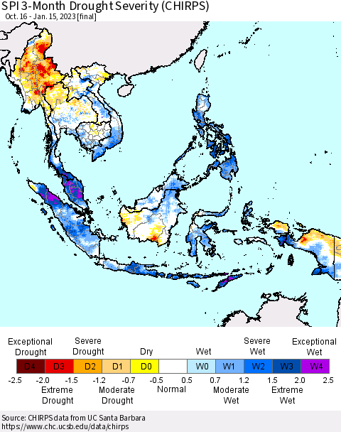 South East Asia SPI 3-Month Drought Severity (CHIRPS) Thematic Map For 10/16/2022 - 1/15/2023