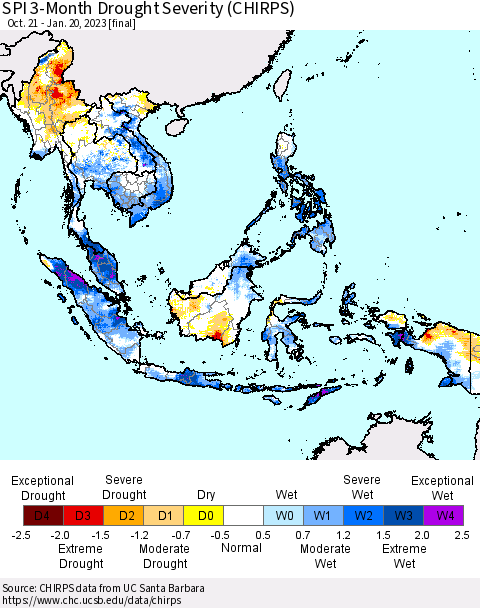 South East Asia SPI 3-Month Drought Severity (CHIRPS) Thematic Map For 10/21/2022 - 1/20/2023