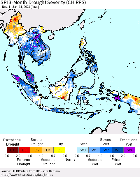 South East Asia SPI 3-Month Drought Severity (CHIRPS) Thematic Map For 11/1/2022 - 1/31/2023