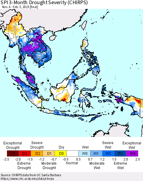 South East Asia SPI 3-Month Drought Severity (CHIRPS) Thematic Map For 11/6/2022 - 2/5/2023