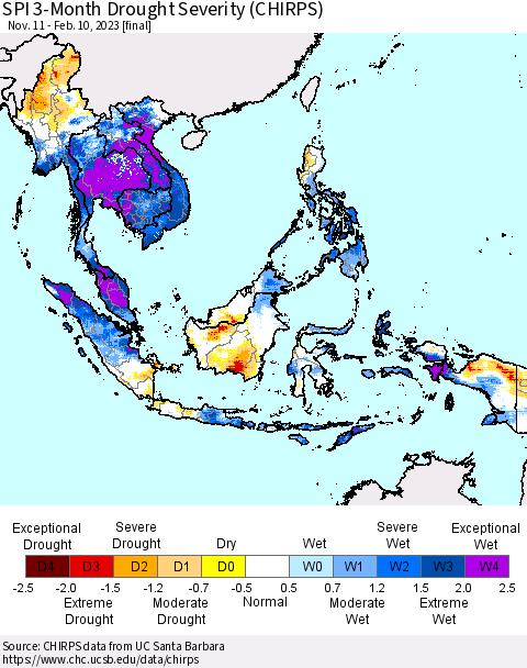 South East Asia SPI 3-Month Drought Severity (CHIRPS) Thematic Map For 11/11/2022 - 2/10/2023