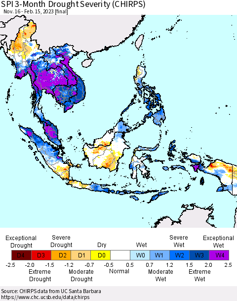 South East Asia SPI 3-Month Drought Severity (CHIRPS) Thematic Map For 11/16/2022 - 2/15/2023