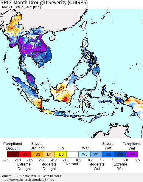 South East Asia SPI 3-Month Drought Severity (CHIRPS) Thematic Map For 11/21/2022 - 2/20/2023
