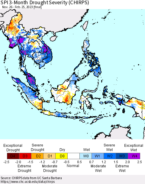 South East Asia SPI 3-Month Drought Severity (CHIRPS) Thematic Map For 11/26/2022 - 2/25/2023