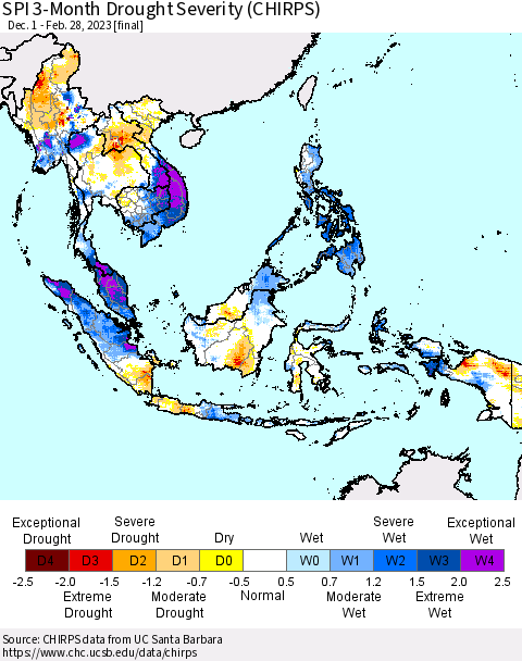 South East Asia SPI 3-Month Drought Severity (CHIRPS) Thematic Map For 12/1/2022 - 2/28/2023