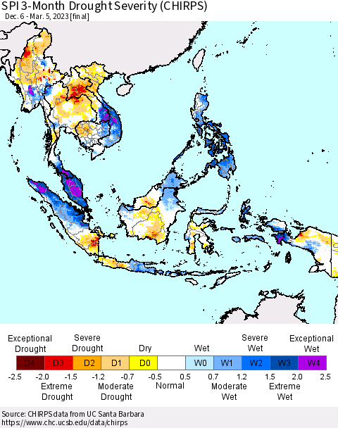 South East Asia SPI 3-Month Drought Severity (CHIRPS) Thematic Map For 12/6/2022 - 3/5/2023