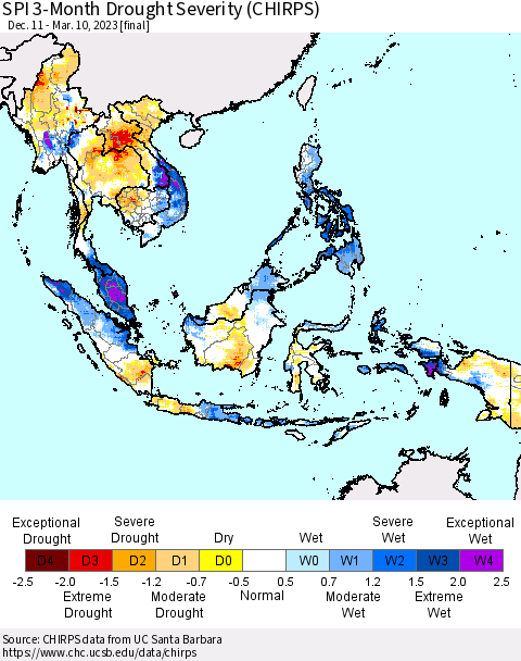 South East Asia SPI 3-Month Drought Severity (CHIRPS) Thematic Map For 12/11/2022 - 3/10/2023