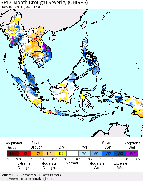 South East Asia SPI 3-Month Drought Severity (CHIRPS) Thematic Map For 12/16/2022 - 3/15/2023